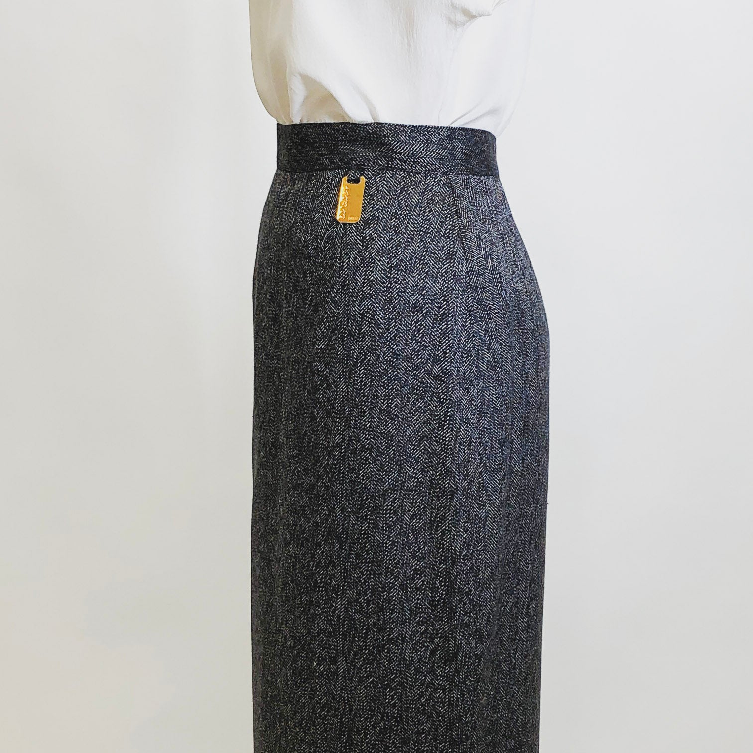 Vintage Black & Grey Herringbone Wool Blend Skirt