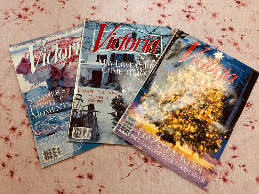 Three (3) Victoria / Bliss Victoria magazines (July/Dec 1998 & Dec 1999)   A collection of beautiful 3 vintage Victoria / Bliss Victoria Magazines for perusing and romantic inspiration. “A women’s lifestyle magazine created for all who love heritage linens, charming homes, gracious gardens, traveling the world, and all that is beautiful in life, promising a return to loveliness.”