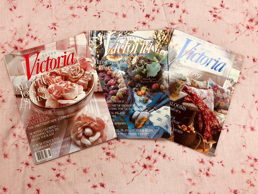 Three (3) Victoria / Bliss Victoria magazines (May/Jul/Oct 1999)   A collection of beautiful 3 vintage Victoria / Bliss Victoria Magazines for perusing and romantic inspiration. “A women’s lifestyle magazine created for all who love heritage linens, charming homes, gracious gardens, traveling the world, and all that is beautiful in life, promising a return to loveliness.”