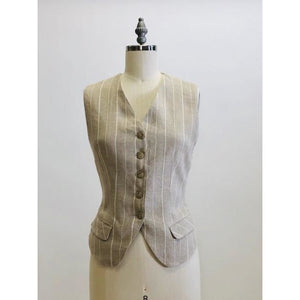 Oatmeal and white pinstripe lined vest with front flap pockets. Back waist ties for a fitted waist look.