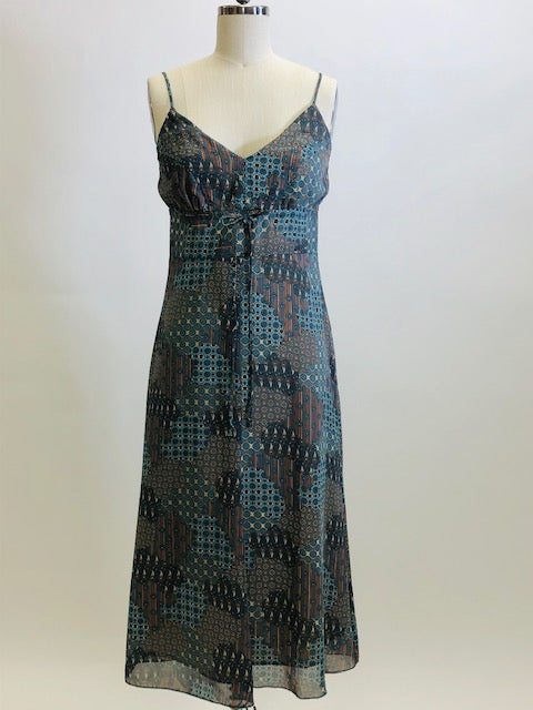 Viscose crepe lightweight A-line midi dress, lined with adjustable spaghetti straps and empire bust style in a teal blue & brown paisley print. Versatile style for casual or even dressier occasions - pairs sweetly with a cardigan, and strappy kitten heels. 