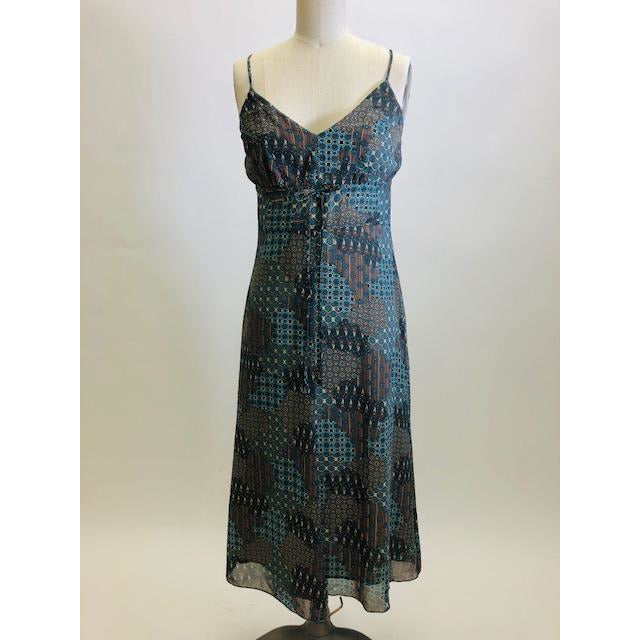 Viscose crepe lightweight A-line midi dress, lined with adjustable spaghetti straps and empire bust style in a teal blue & brown paisley print. Versatile style for casual or even dressier occasions - pairs sweetly with a cardigan, and strappy kitten heels. 