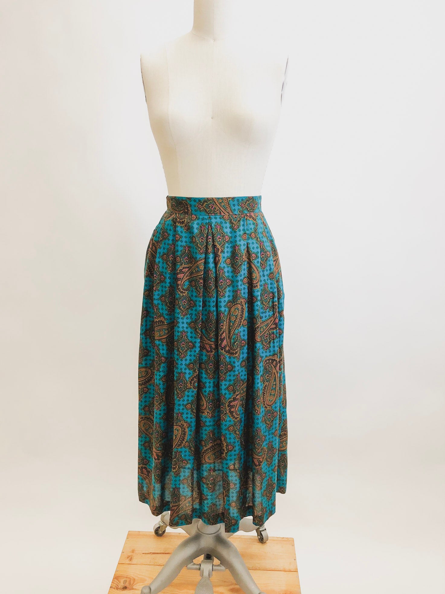 Vintage Teal Paisley Midi Rayon Skirt