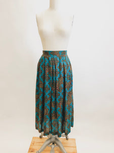 Vintage Teal Paisley Midi Rayon Skirt