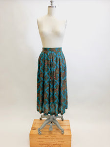 Vintage Teal Paisley Midi Rayon Skirt