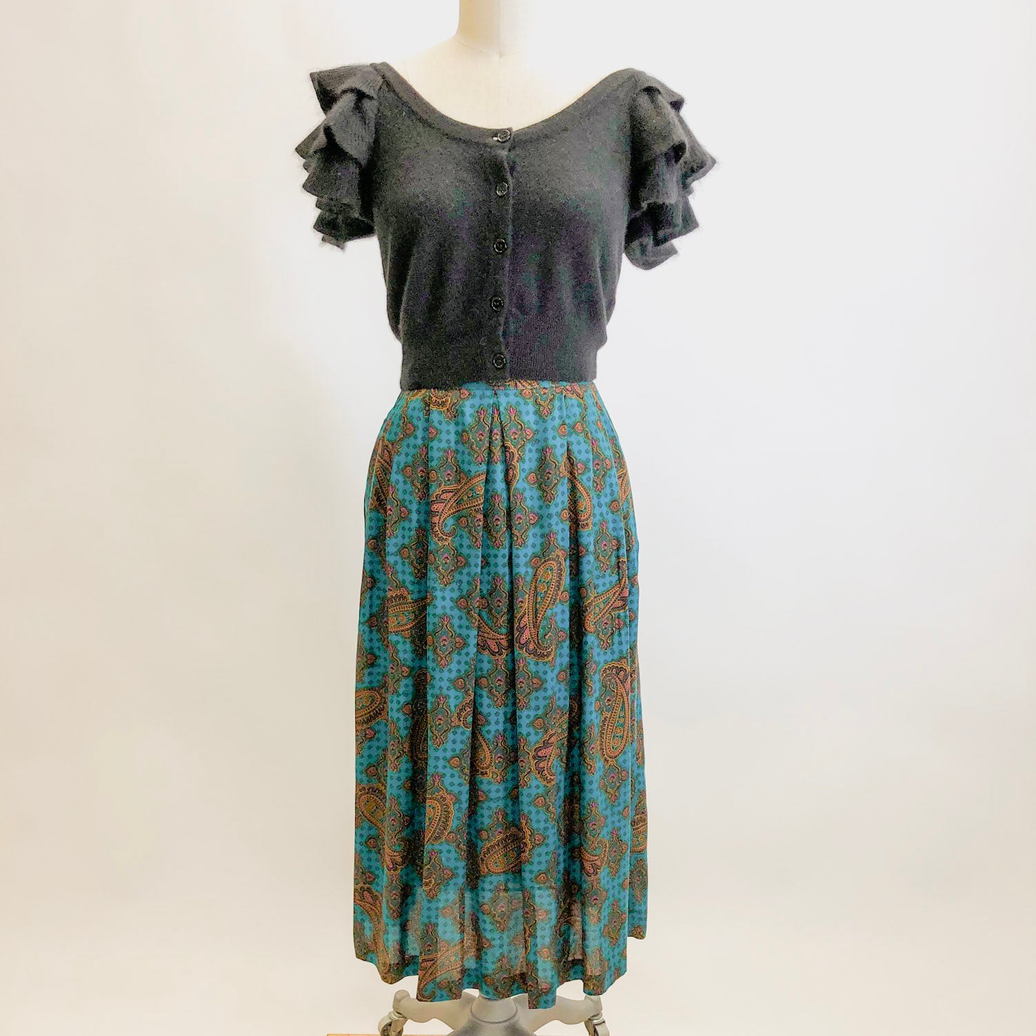 Vintage Teal Paisley Midi Rayon Skirt