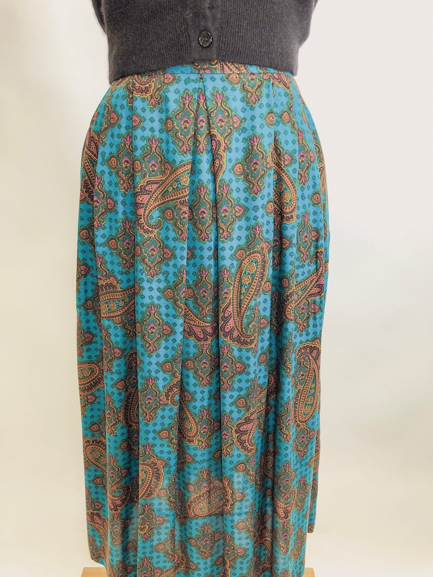 Vintage Teal Paisley Midi Rayon Skirt