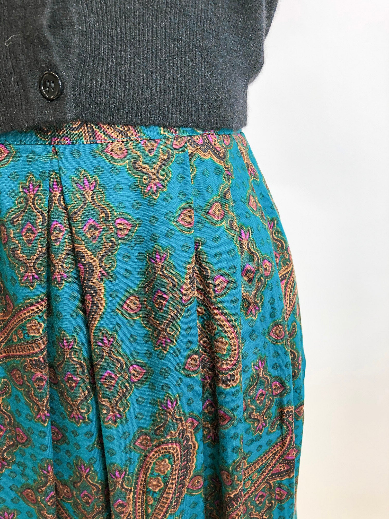 Vintage Teal Paisley Midi Rayon Skirt