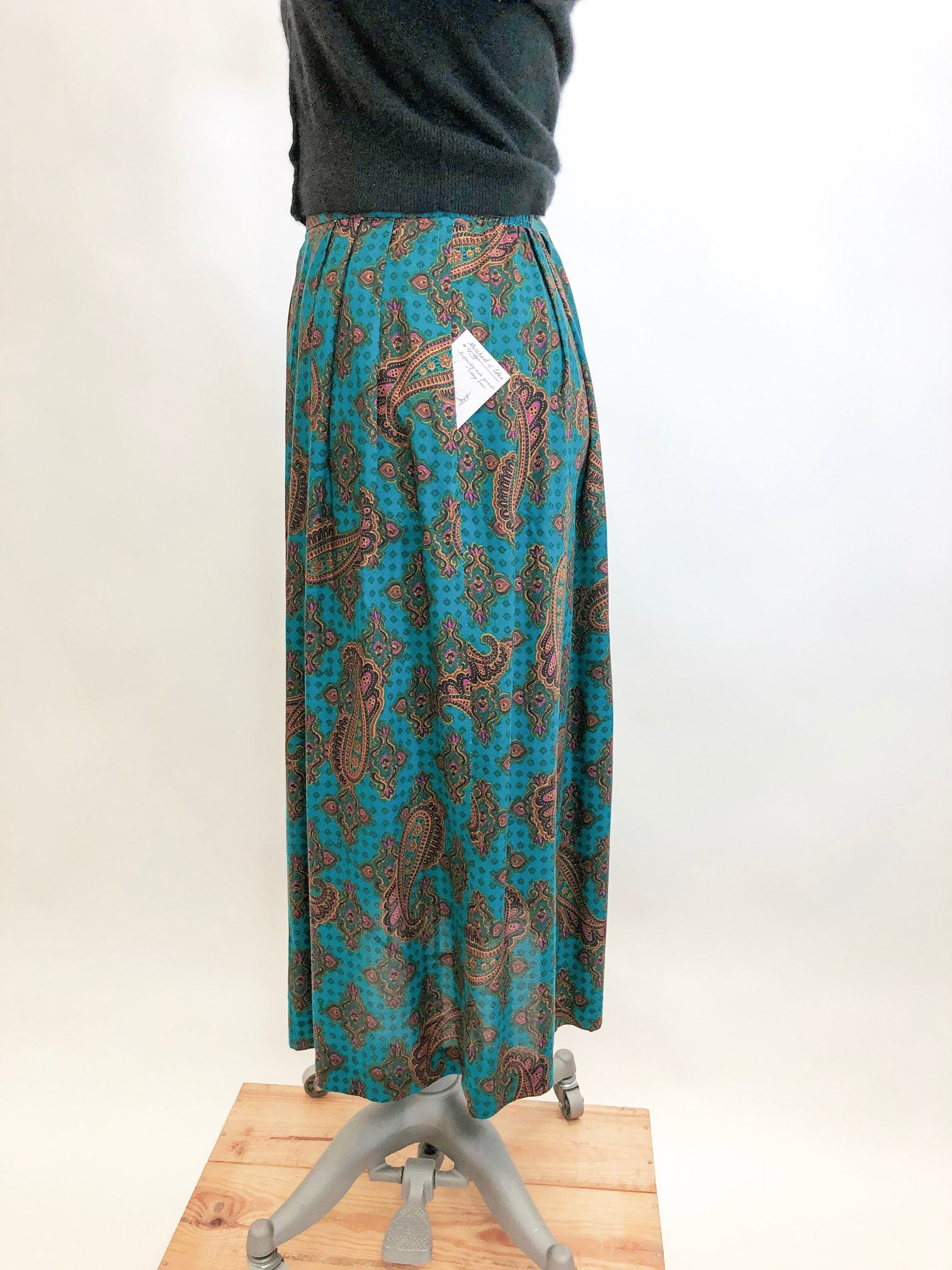 Vintage Teal Paisley Midi Rayon Skirt