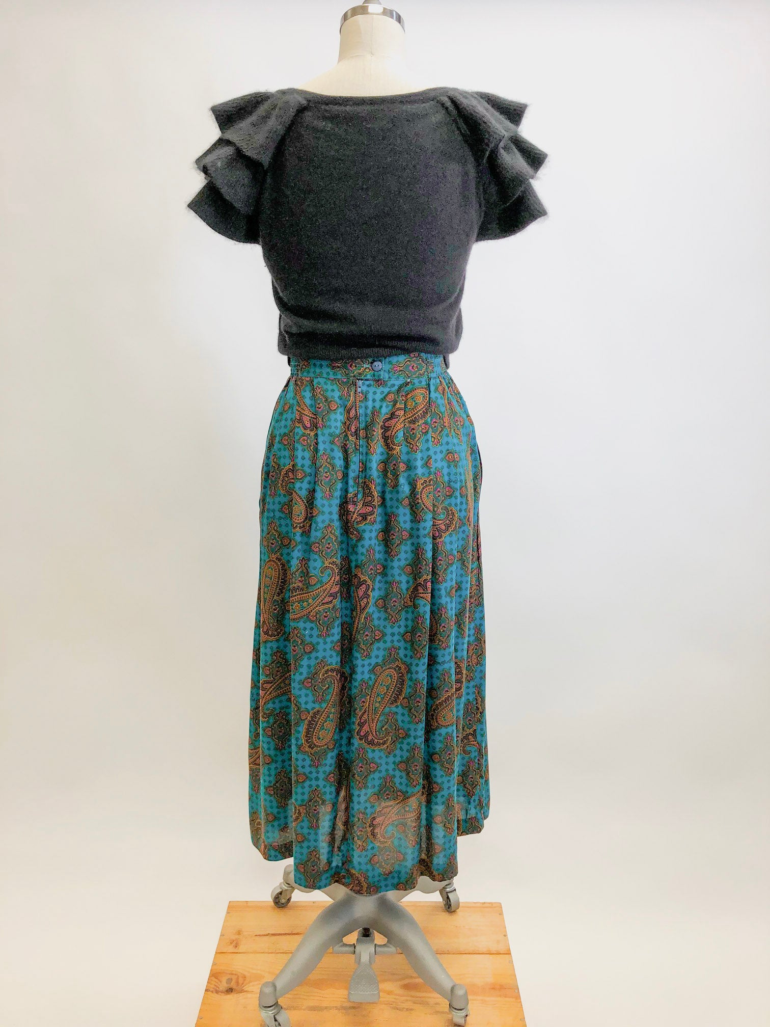 Vintage Teal Paisley Midi Rayon Skirt