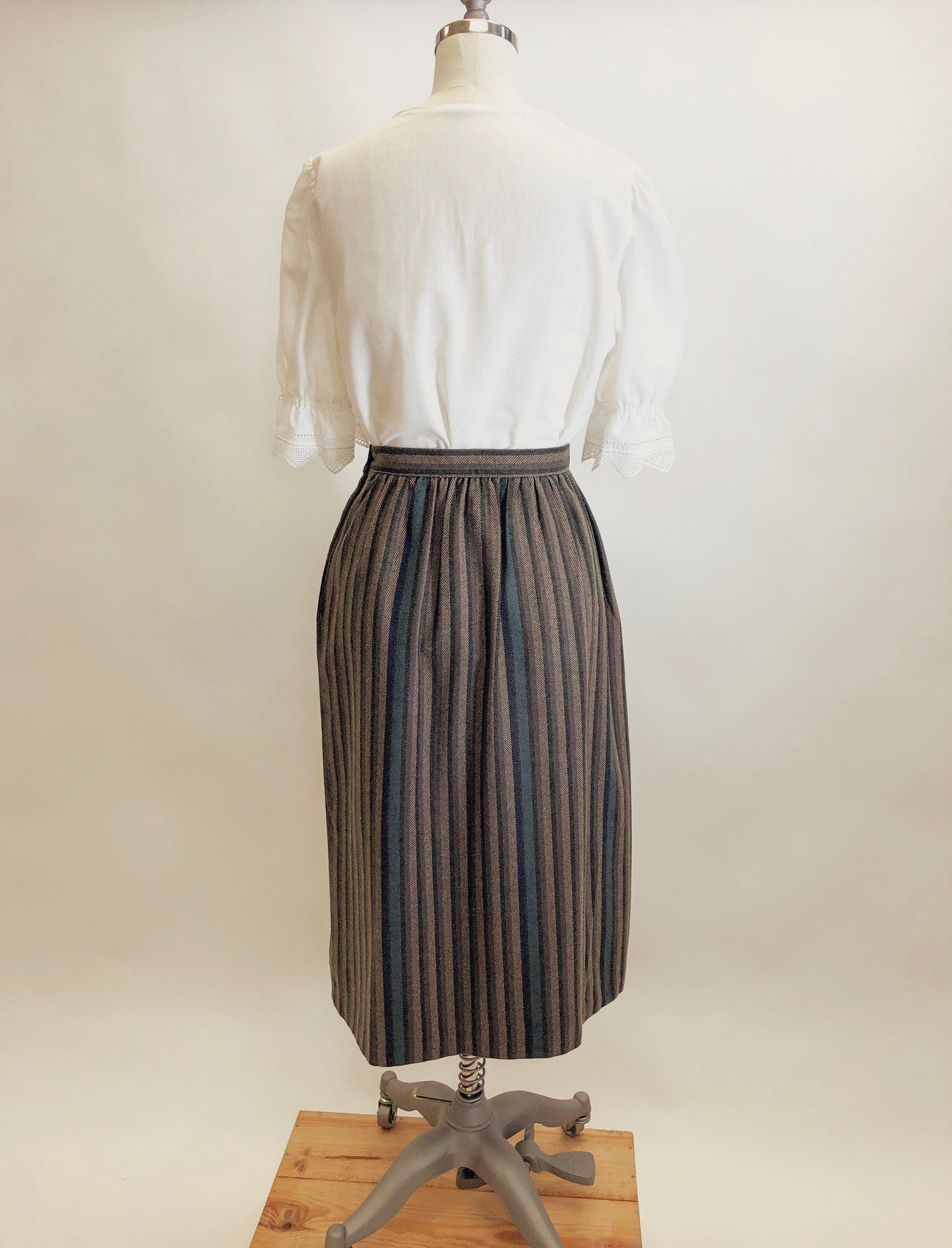 Vintage Green & Brown Taupe Stripe Wool Skirt