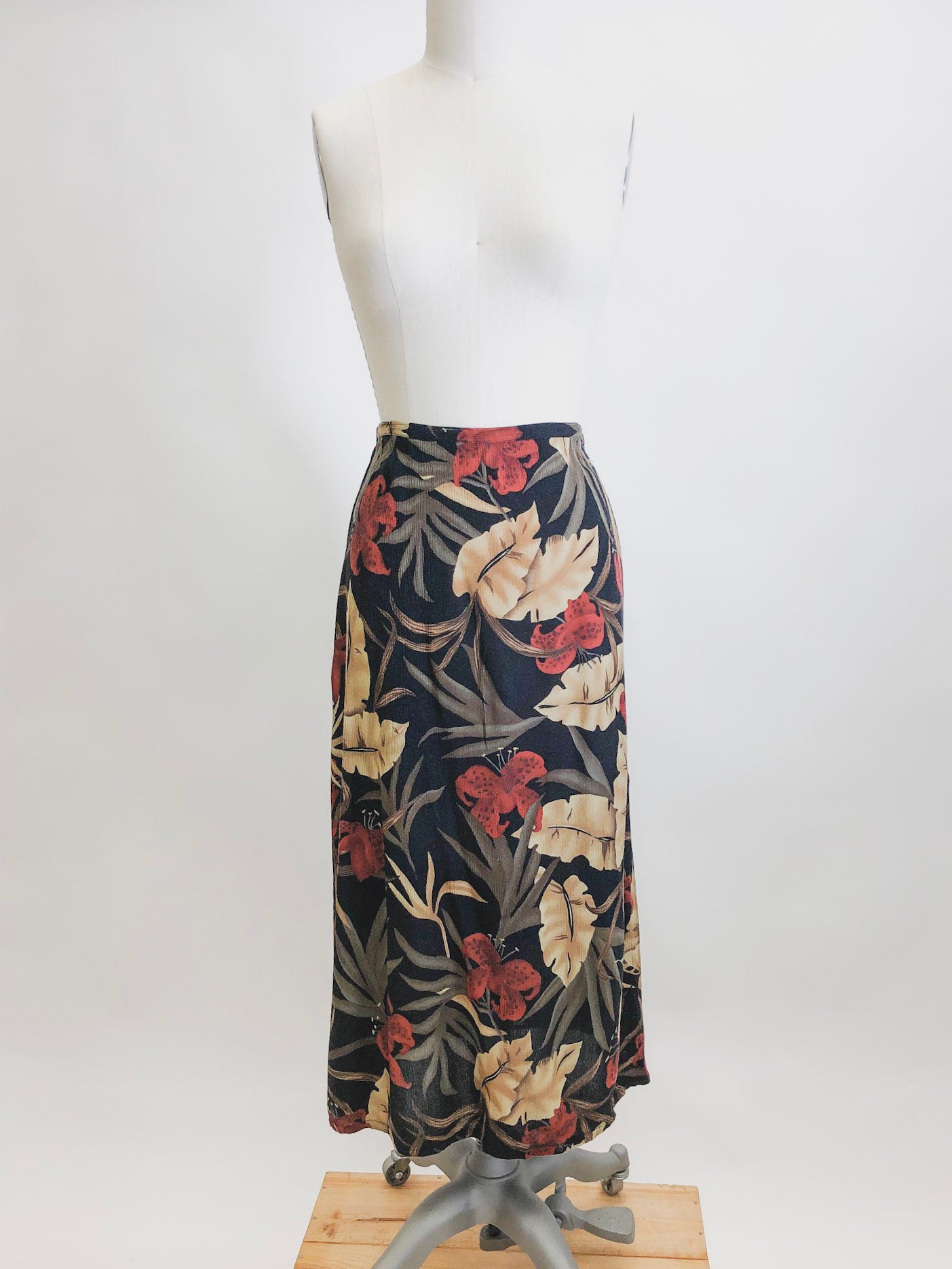 Vintage Safari Crinkle Rayon Midi Skirt