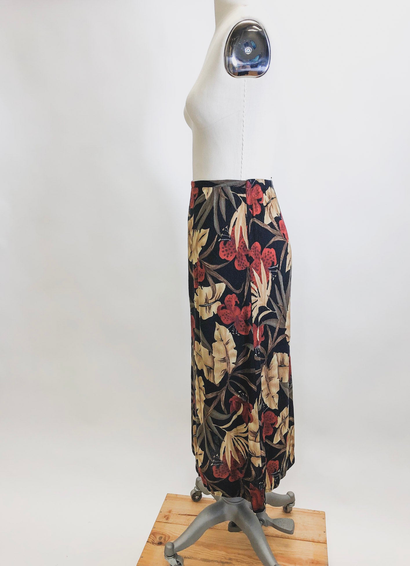 Vintage Safari Crinkle Rayon Midi Skirt