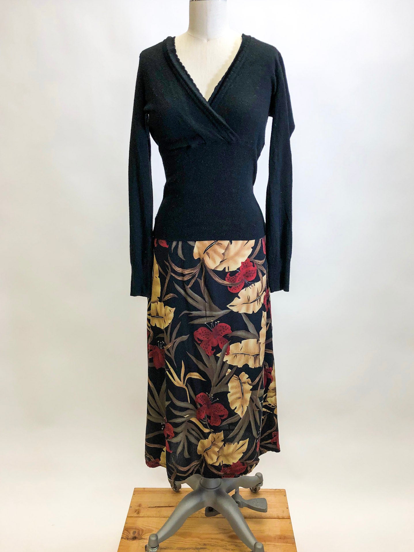 Vintage Safari Crinkle Rayon Midi Skirt