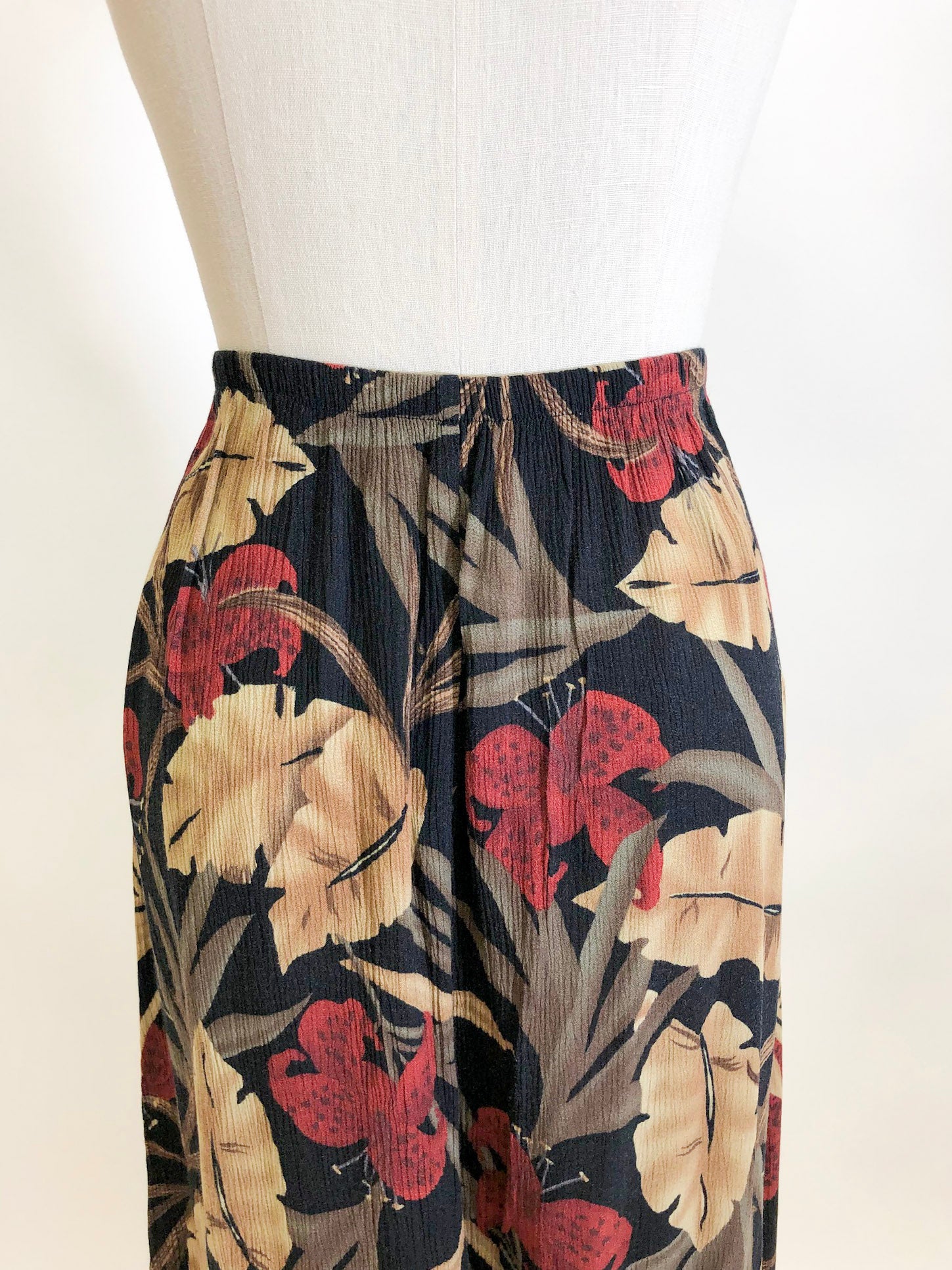 Vintage Safari Crinkle Rayon Midi Skirt