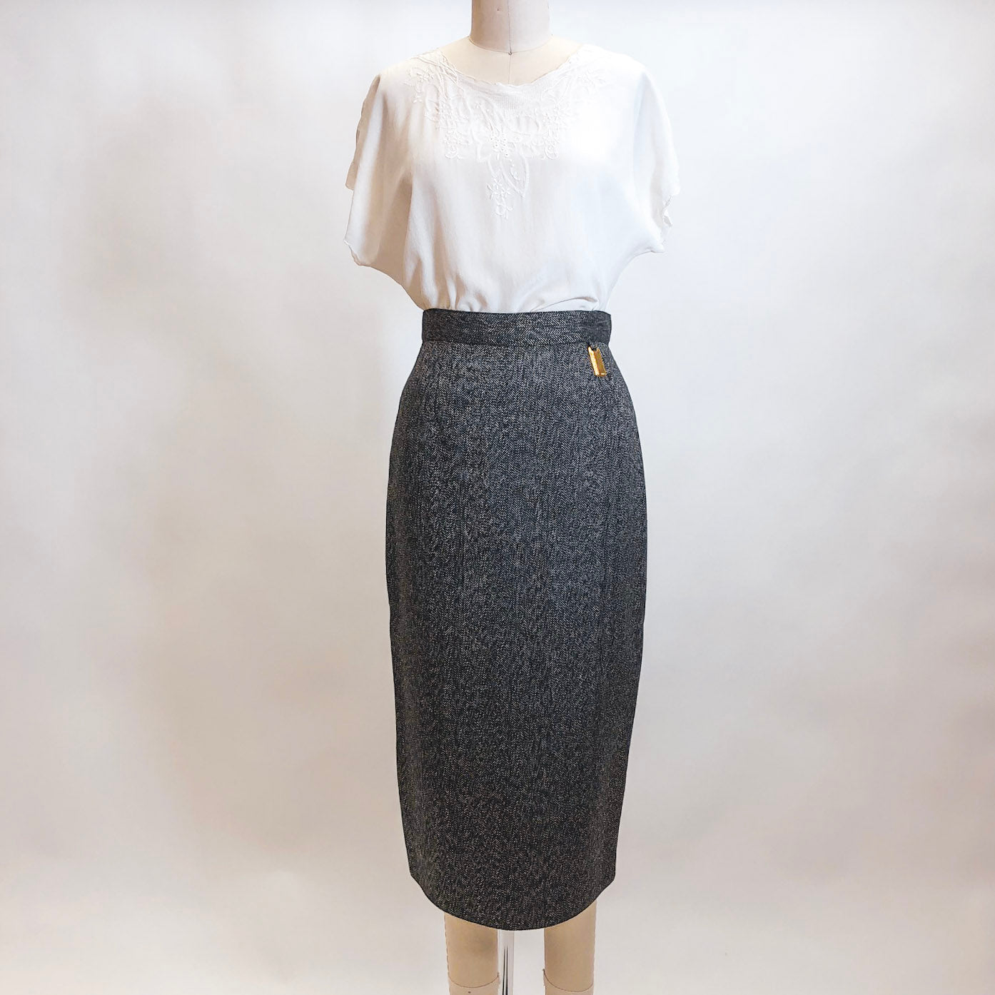 Vintage Black & Grey Herringbone Wool Blend Skirt