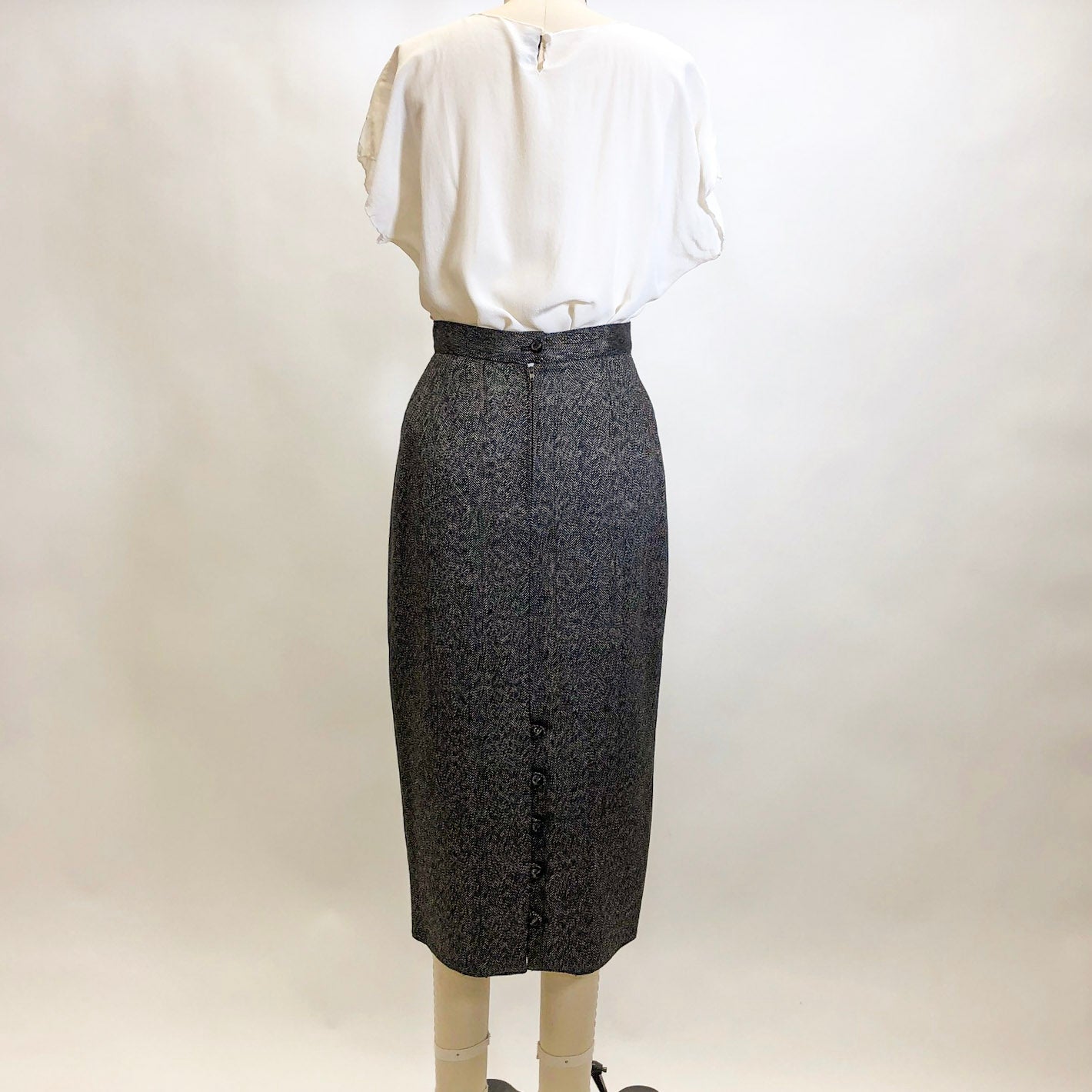 Vintage Black & Grey Herringbone Wool Blend Skirt