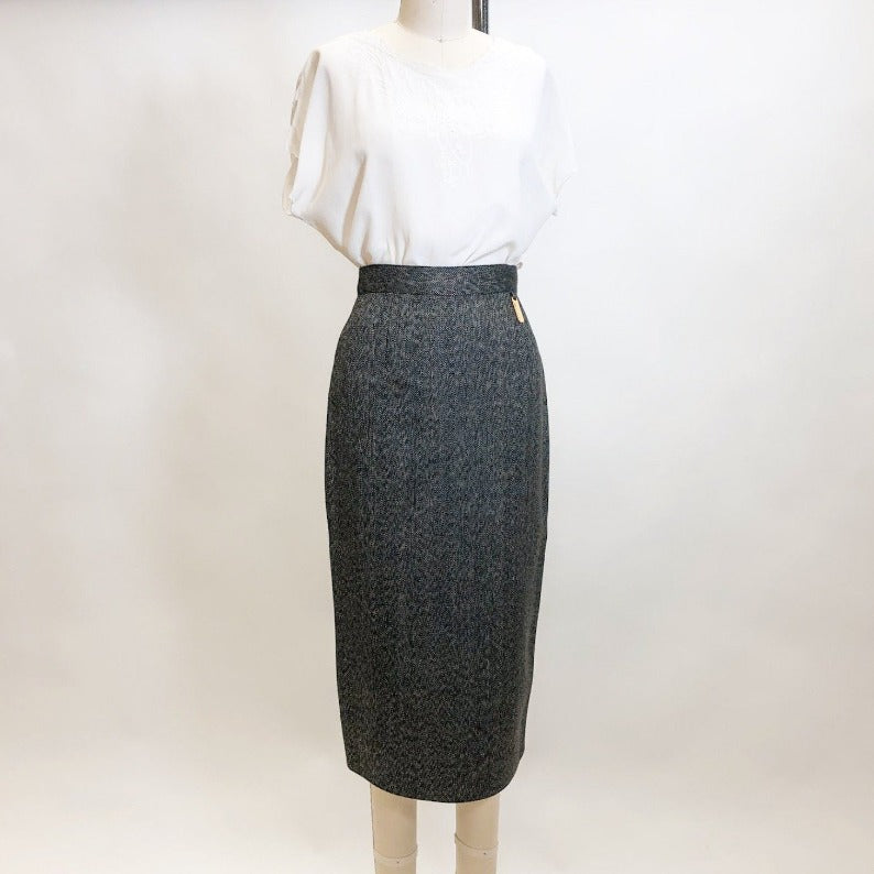 Vintage Black & Grey Herringbone Wool Blend Skirt