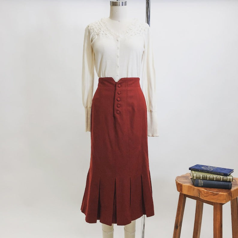 Vintage Red Midi Trumpet Hem Wool Skirt