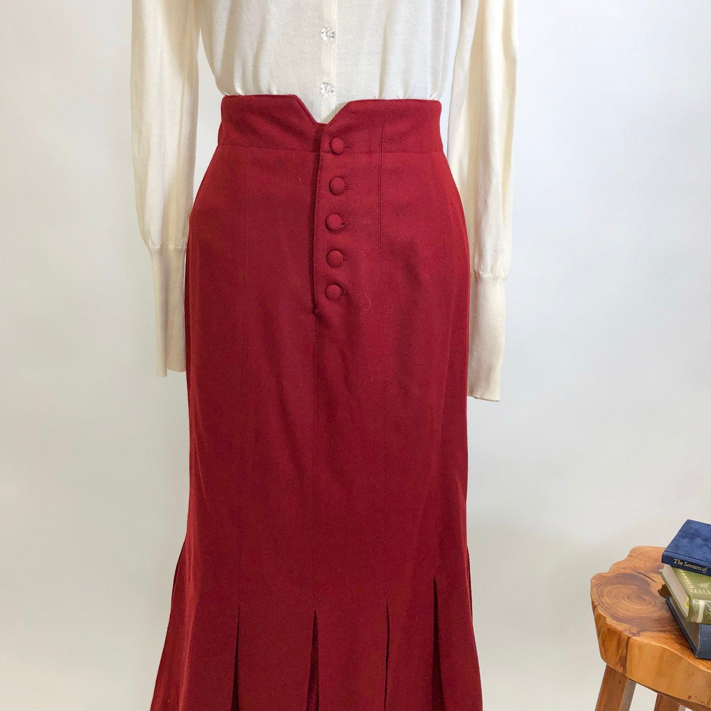 Vintage Red Midi Trumpet Hem Wool Skirt