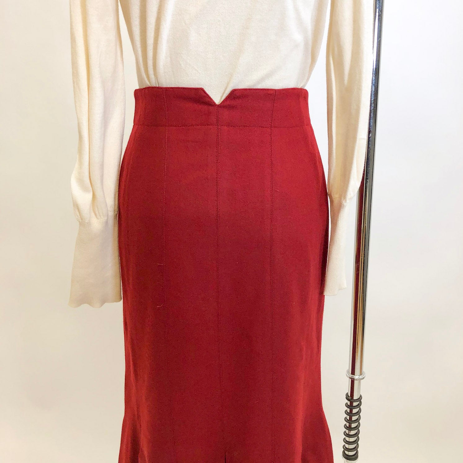 Vintage Red Midi Trumpet Hem Wool Skirt