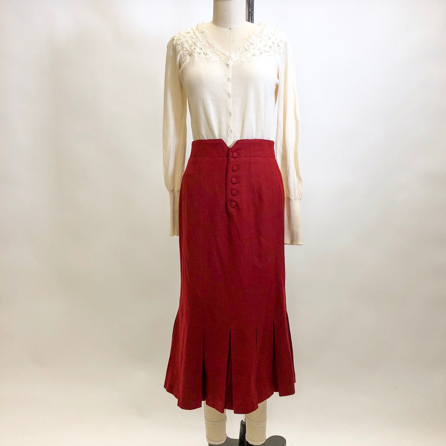 Vintage Red Midi Trumpet Hem Wool Skirt