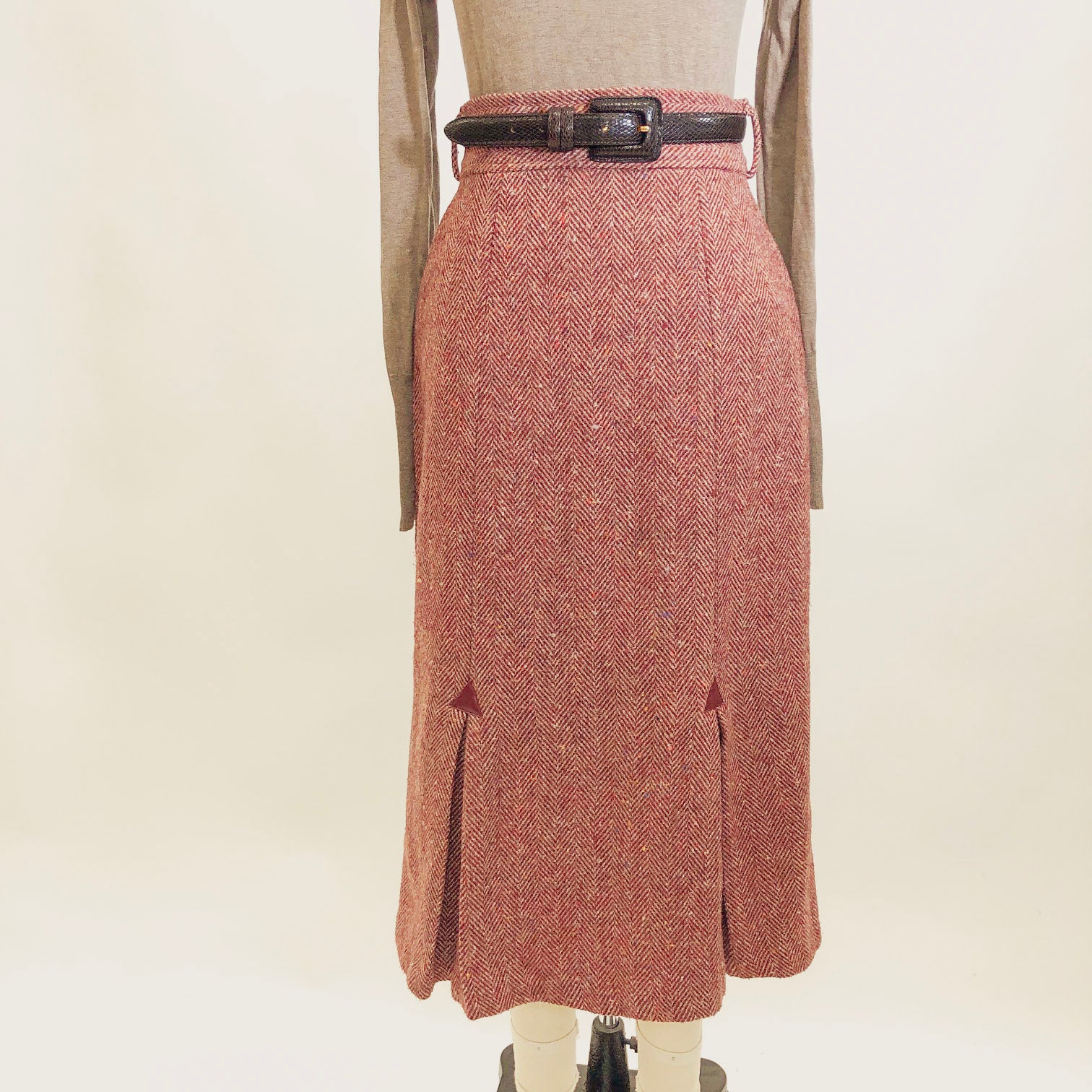 Vintage Burgundy Red Herringbone Wool Blend Skirt