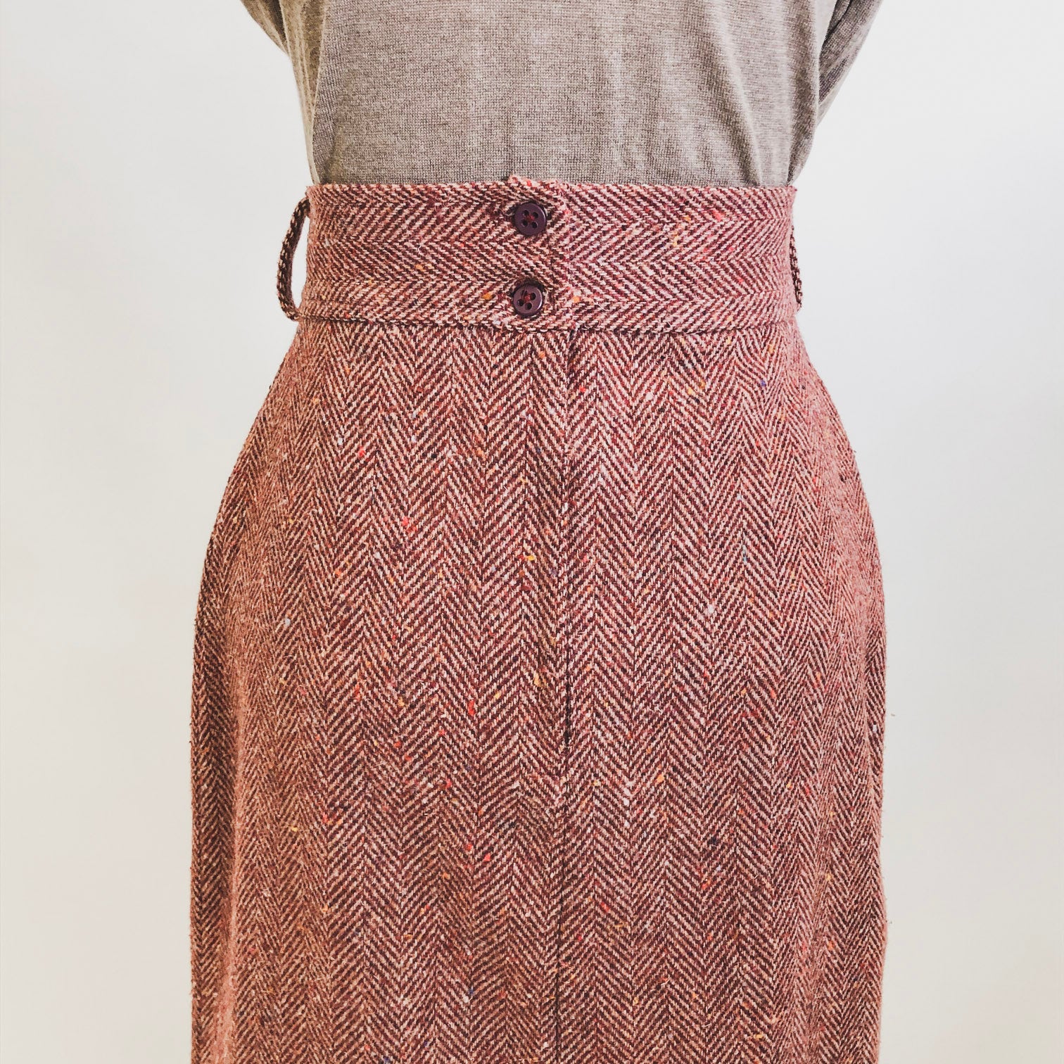 Vintage Burgundy Red Herringbone Wool Blend Skirt