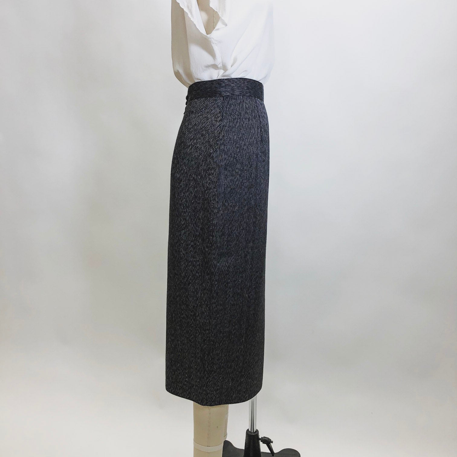 Vintage Black & Grey Herringbone Wool Blend Skirt