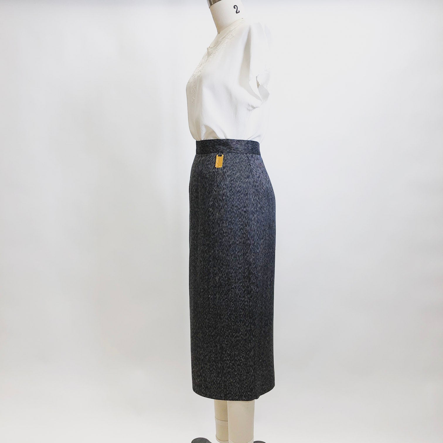 Vintage Black & Grey Herringbone Wool Blend Skirt