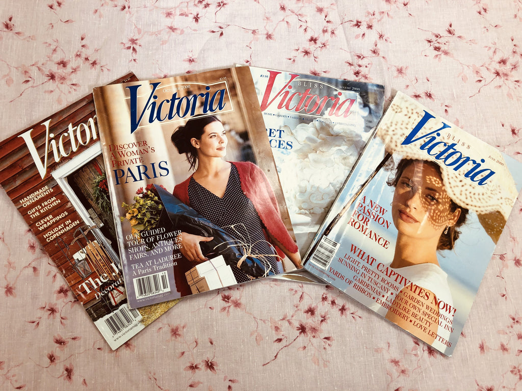 Four (4) Victoria / Bliss Victoria magazines (June/Aug/Oct/Dec 2000)  A collection of beautiful 4 vintage Victoria / Bliss Victoria Magazines for perusing and romantic inspiration.   “A women’s lifestyle magazine created for all who love heritage linens, charming homes, gracious gardens, traveling the world, and all that is beautiful in life, promising a return to loveliness.”