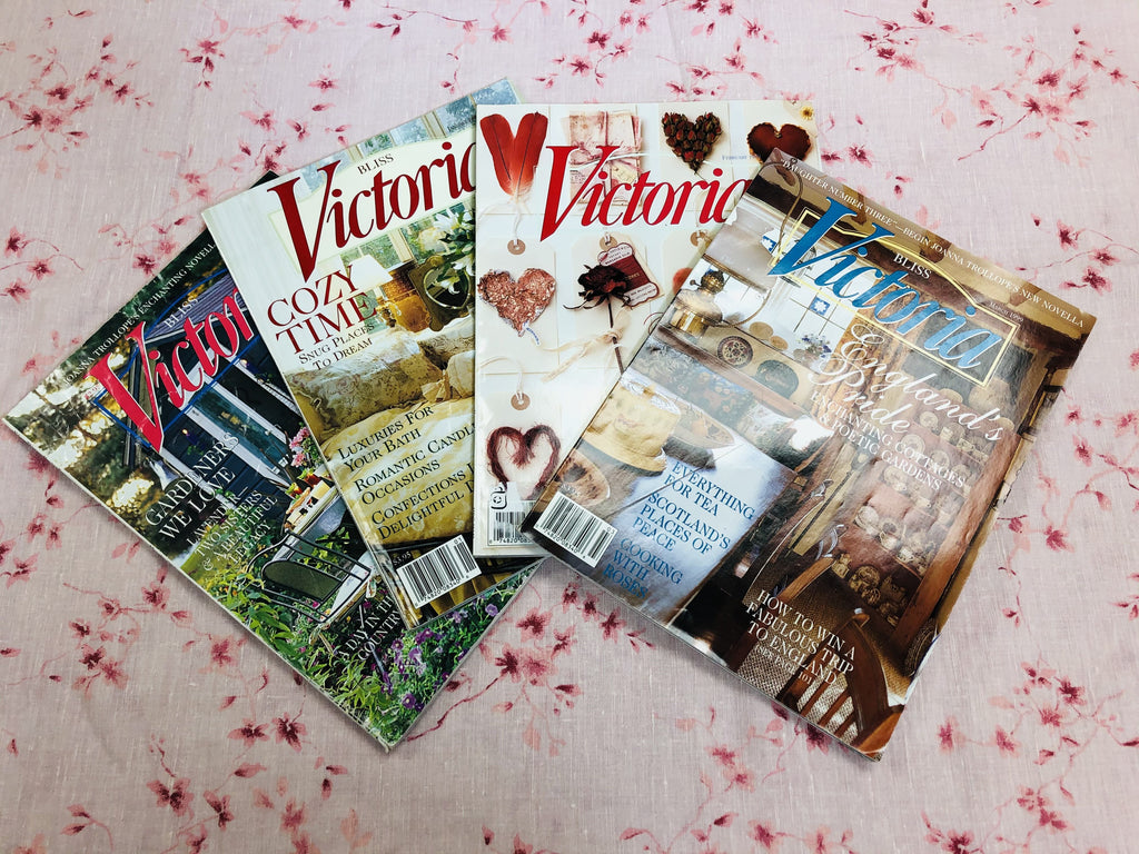 Four (4) Victoria / Bliss Victoria Magazines (Jan-April 1999)  A collection of beautiful 4 vintage Victoria / Bliss Victoria Magazines for perusing and romantic inspiration.   “A women’s lifestyle magazine created for all who love heritage linens, charming homes, gracious gardens, traveling the world, and all that is beautiful in life, promising a return to loveliness.”