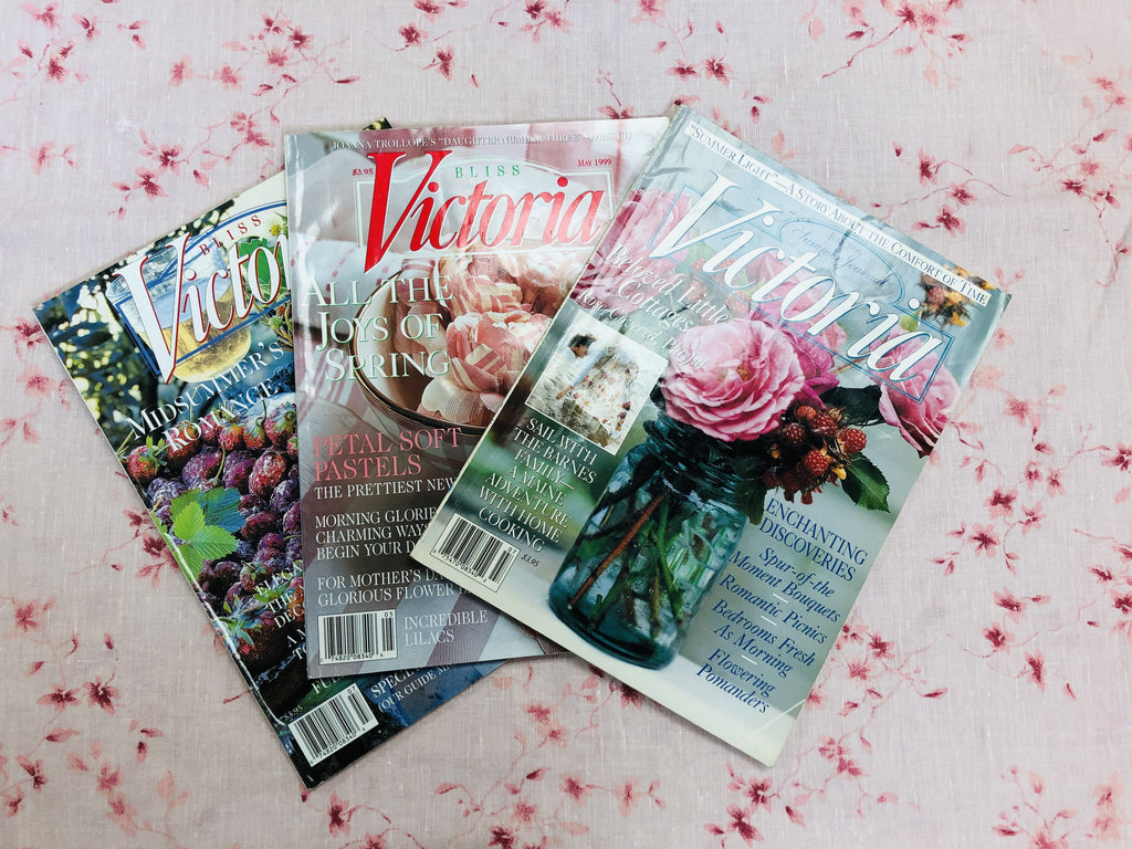 Three (3) Victoria / Bliss Victoria Magazines (July 1996 & May/July 1999)   A collection of beautiful 3 vintage Victoria / Bliss Victoria Magazines for perusing and romantic inspiration.  “A women’s lifestyle magazine created for all who love heritage linens, charming homes, gracious gardens, traveling the world, and all that is beautiful in life, promising a return to loveliness.”