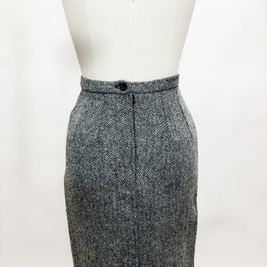 Vintage Wool Tweed Grey Black Midi Skirt