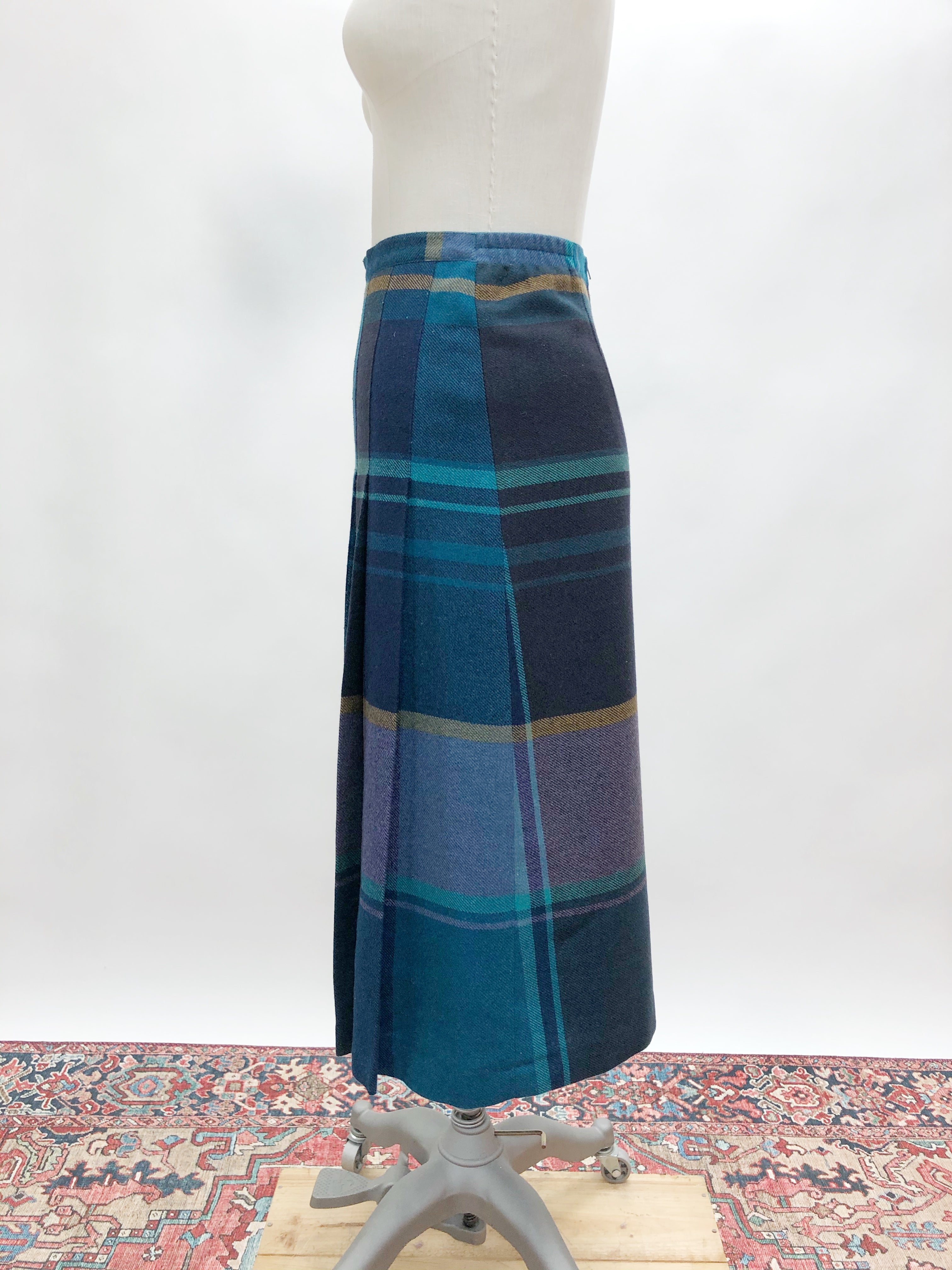 Vintage Green Blue Pleated Wool Blend Skirt