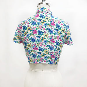 Vintage Floral Rayon Cropped Blouse with Waist Ties