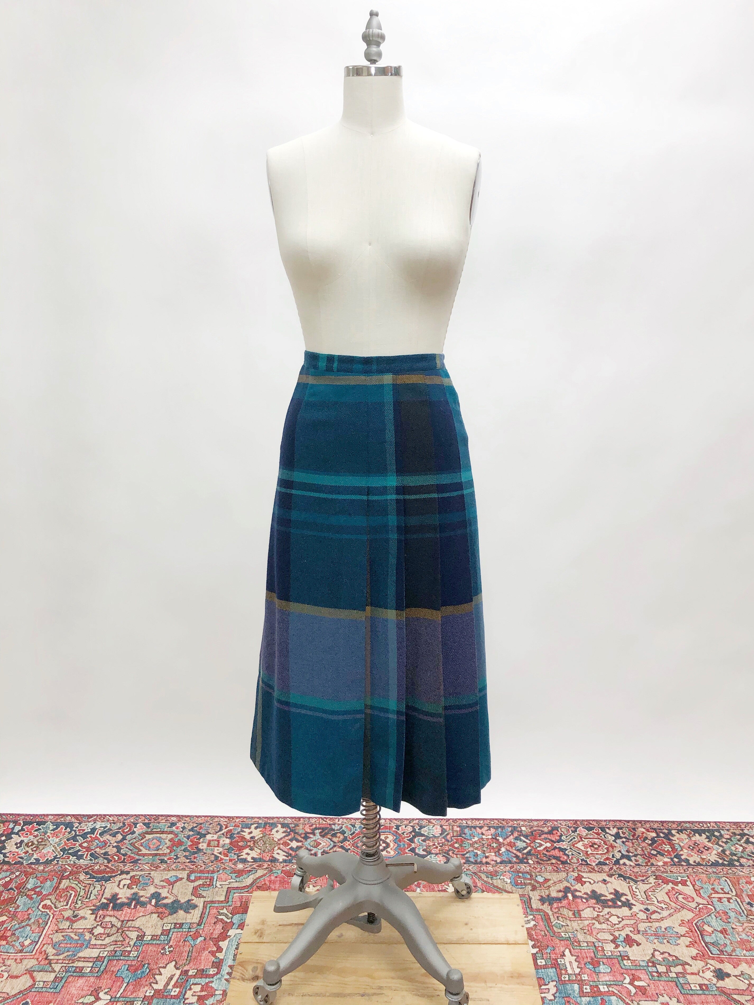 Vintage Green Blue Pleated Wool Blend Skirt