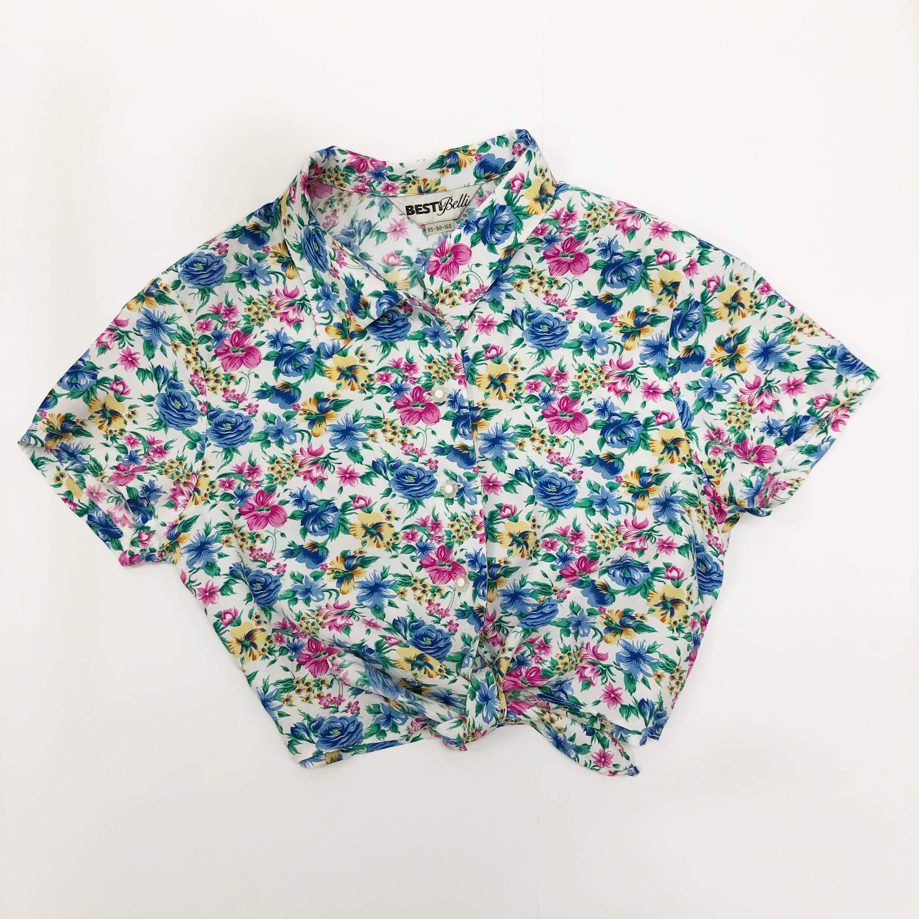 Vintage Floral Rayon Cropped Blouse with Waist Ties