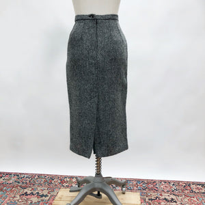 Vintage Wool Tweed Grey Black Midi Skirt