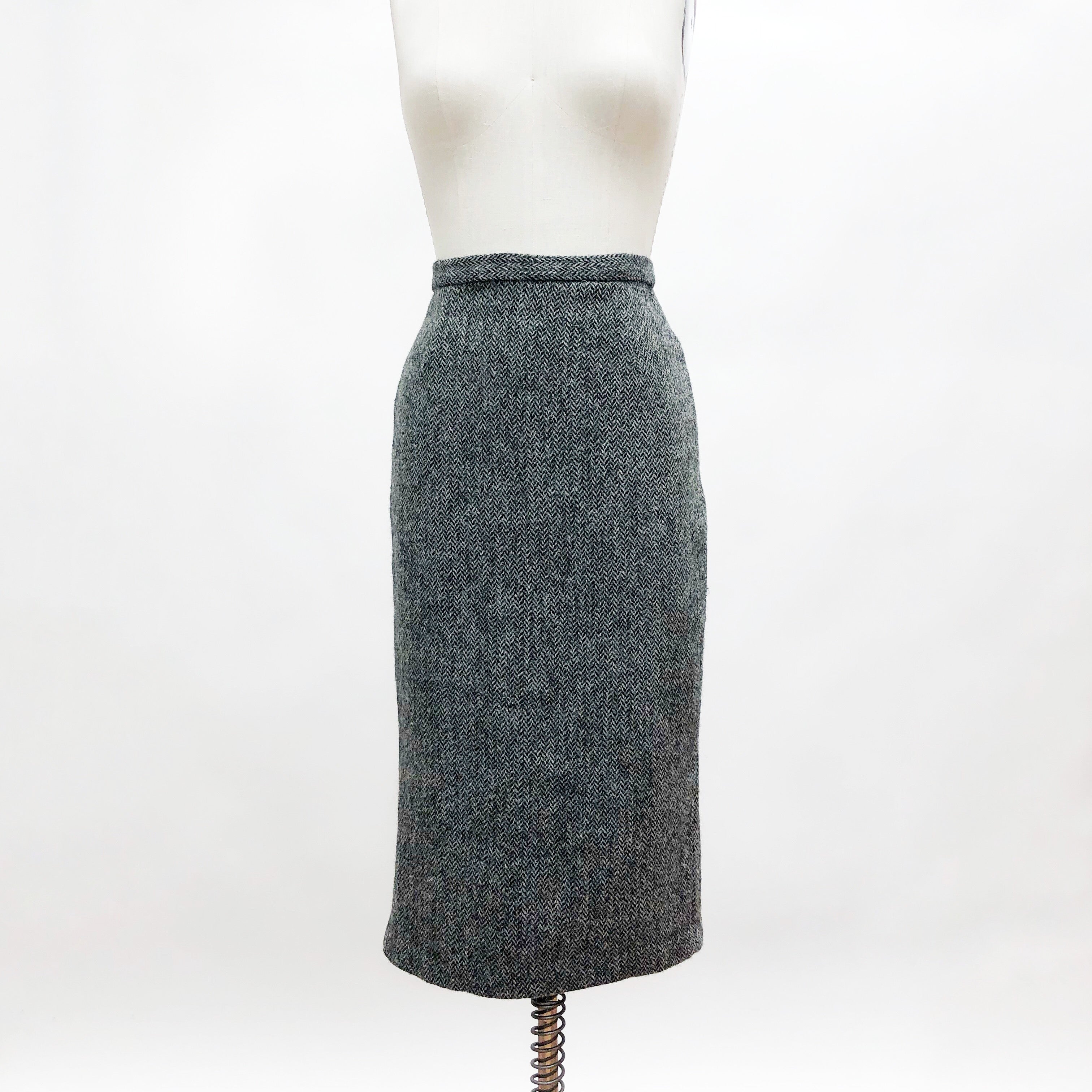 Vintage Wool Tweed Grey Black Midi Skirt