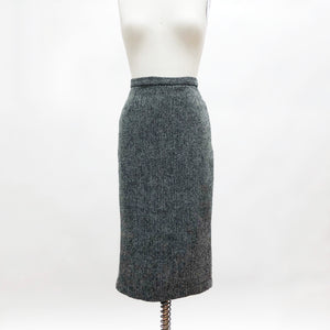 Vintage Wool Tweed Grey Black Midi Skirt