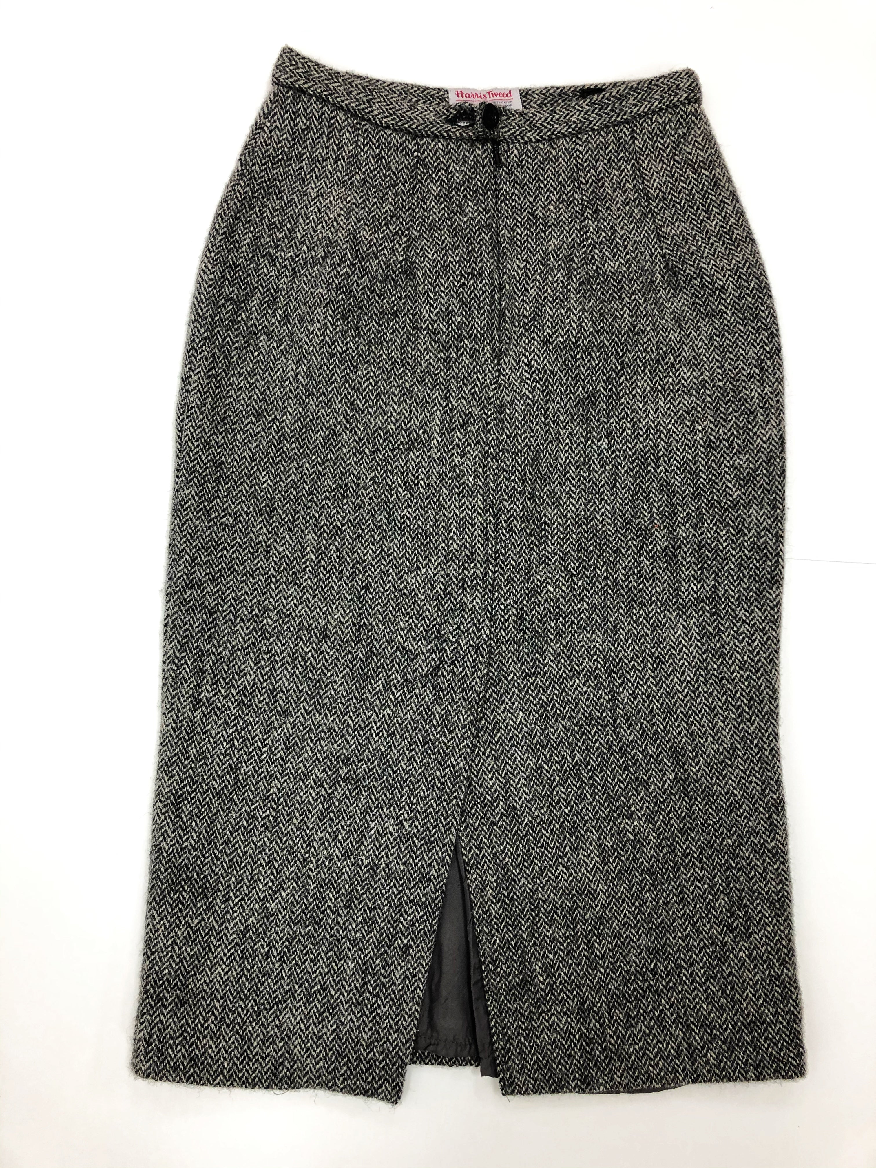 Vintage Wool Tweed Grey Black Midi Skirt