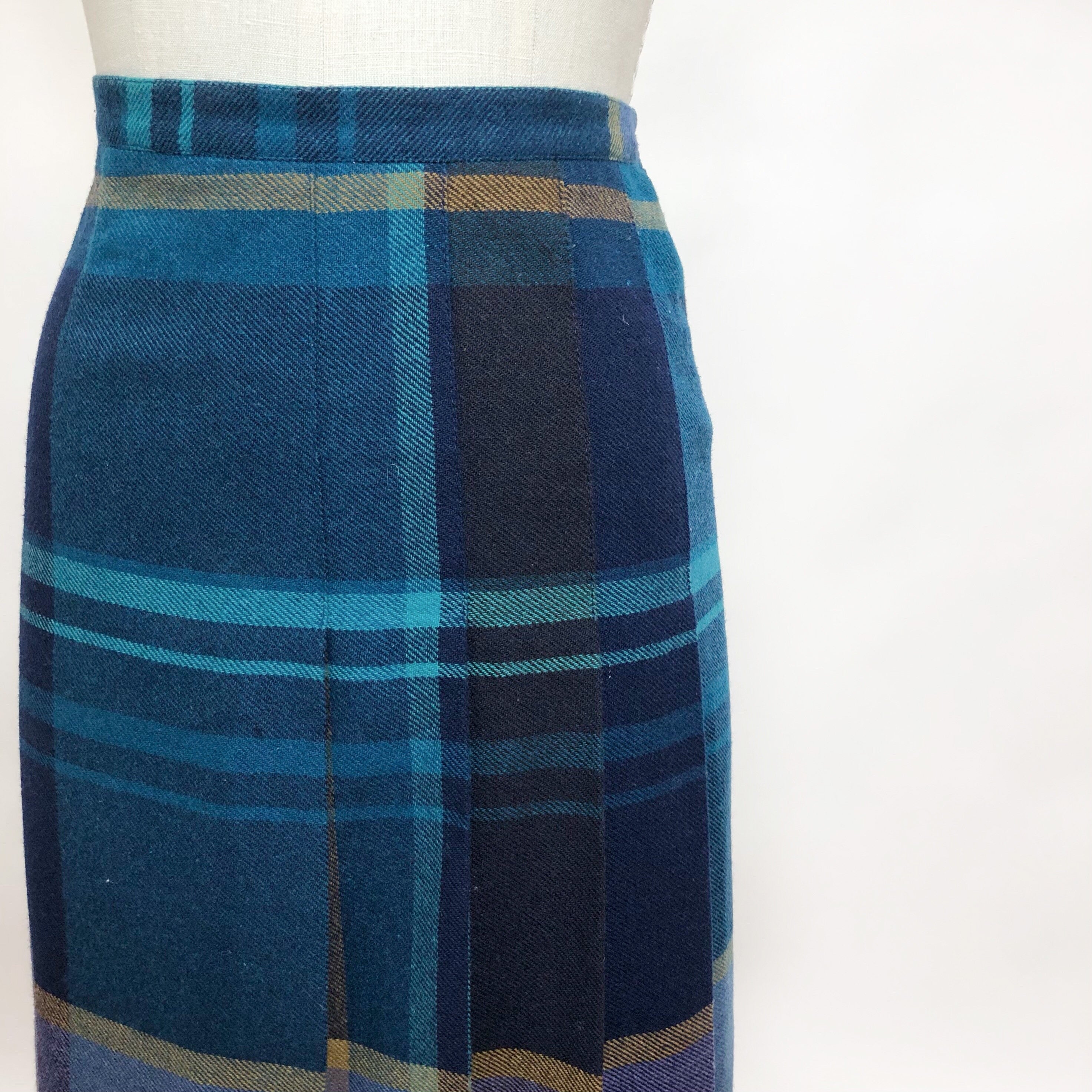 Vintage Green Blue Pleated Wool Blend Skirt