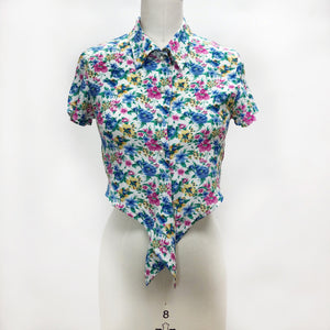 Vintage Floral Rayon Cropped Blouse with Waist Ties