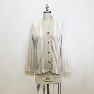 Vintage Beige & White Cotton Long-Sleeve Top