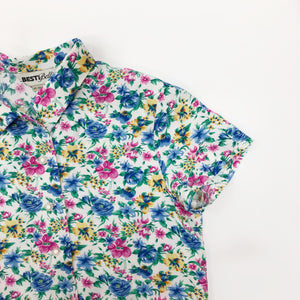 Vintage Floral Rayon Cropped Blouse with Waist Ties