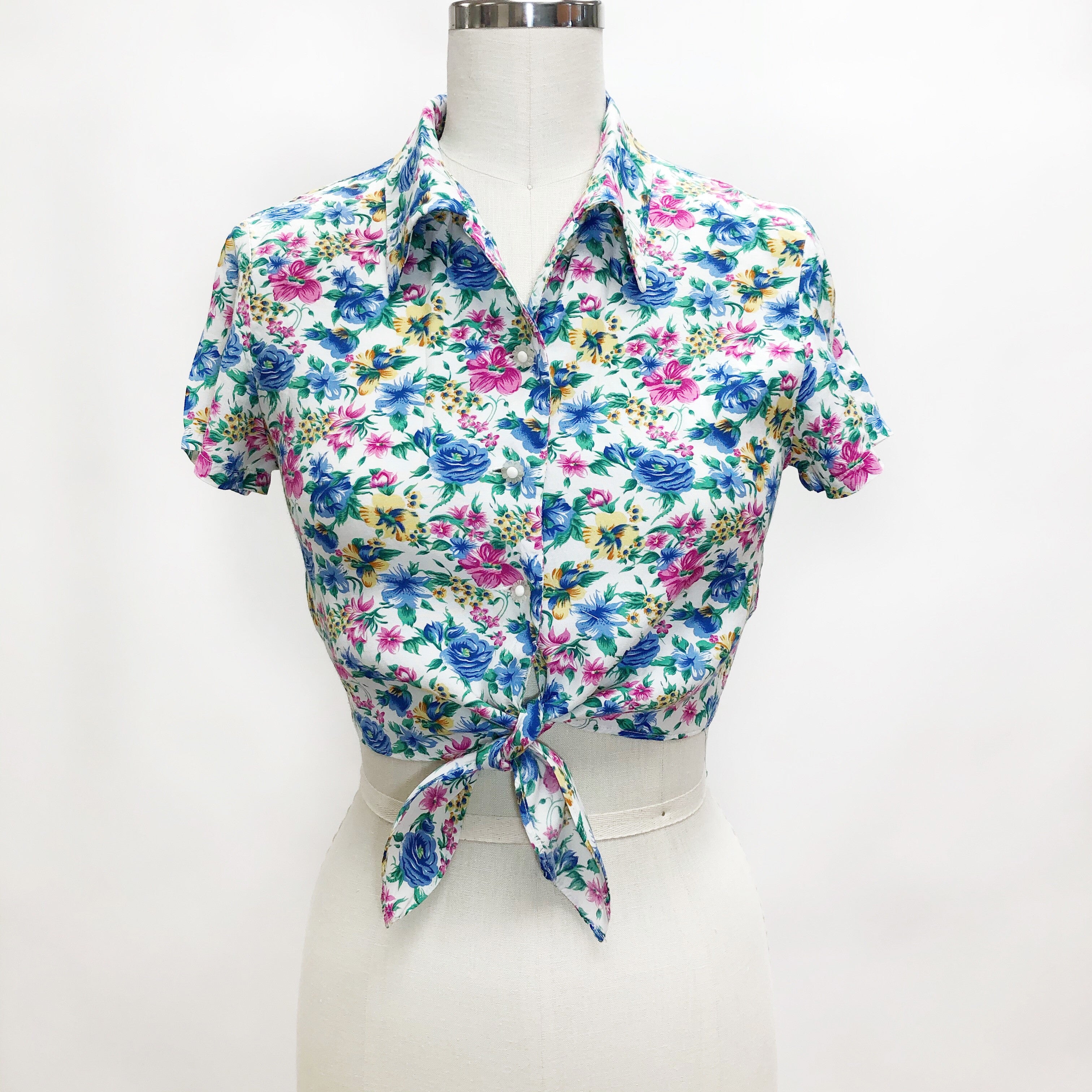 Vintage Floral Rayon Cropped Blouse with Waist Ties