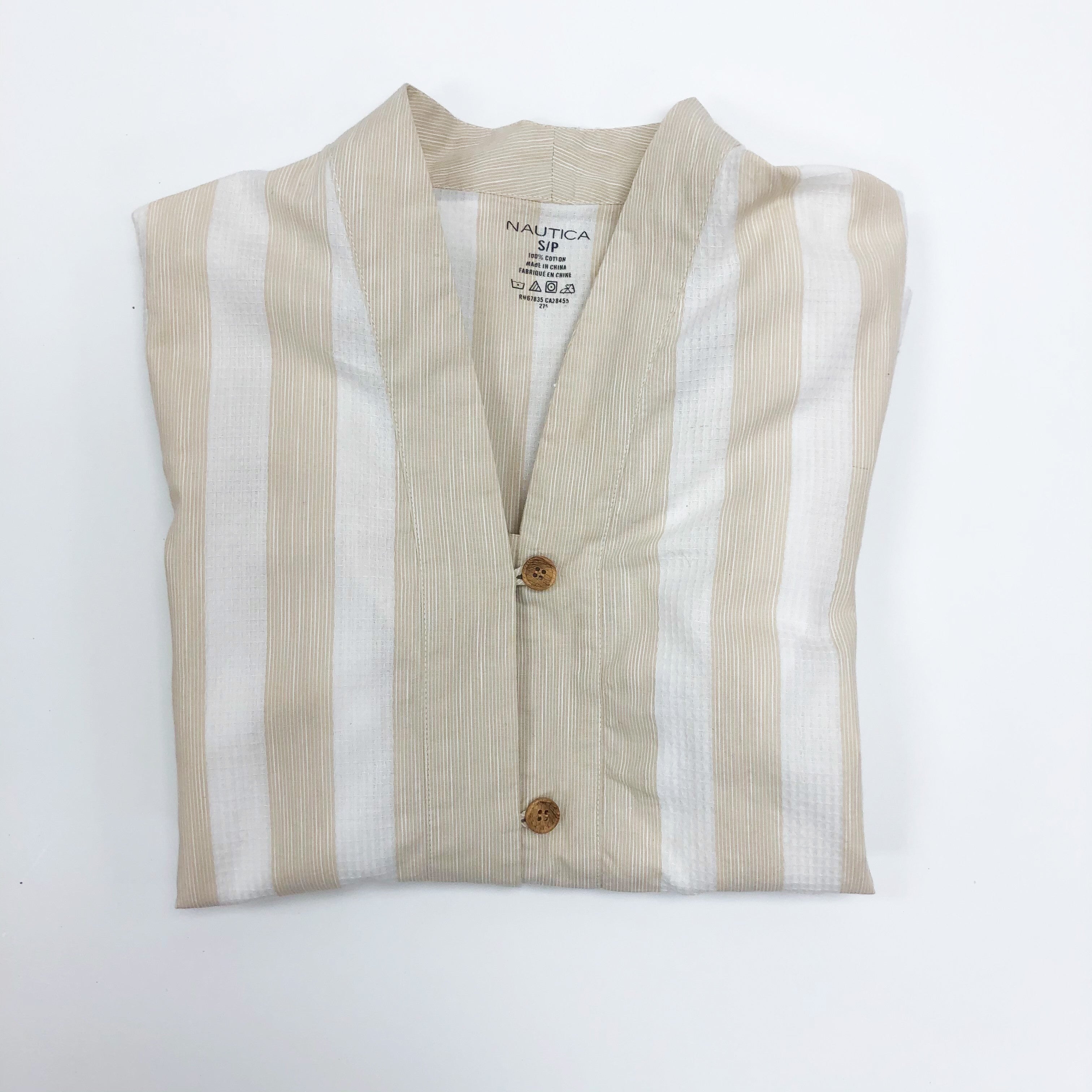 Vintage Beige & White Cotton Long-Sleeve Top