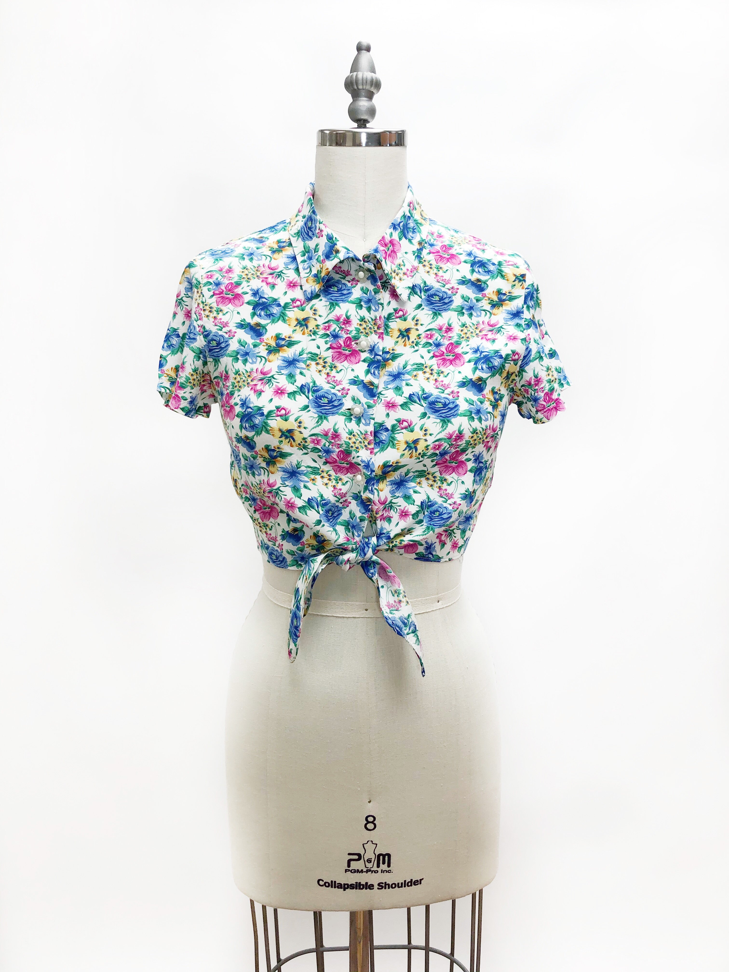 Vintage Floral Rayon Cropped Blouse with Waist Ties