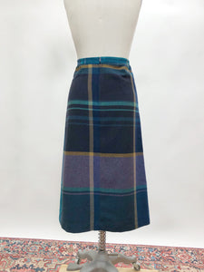 Vintage Green Blue Pleated Wool Blend Skirt